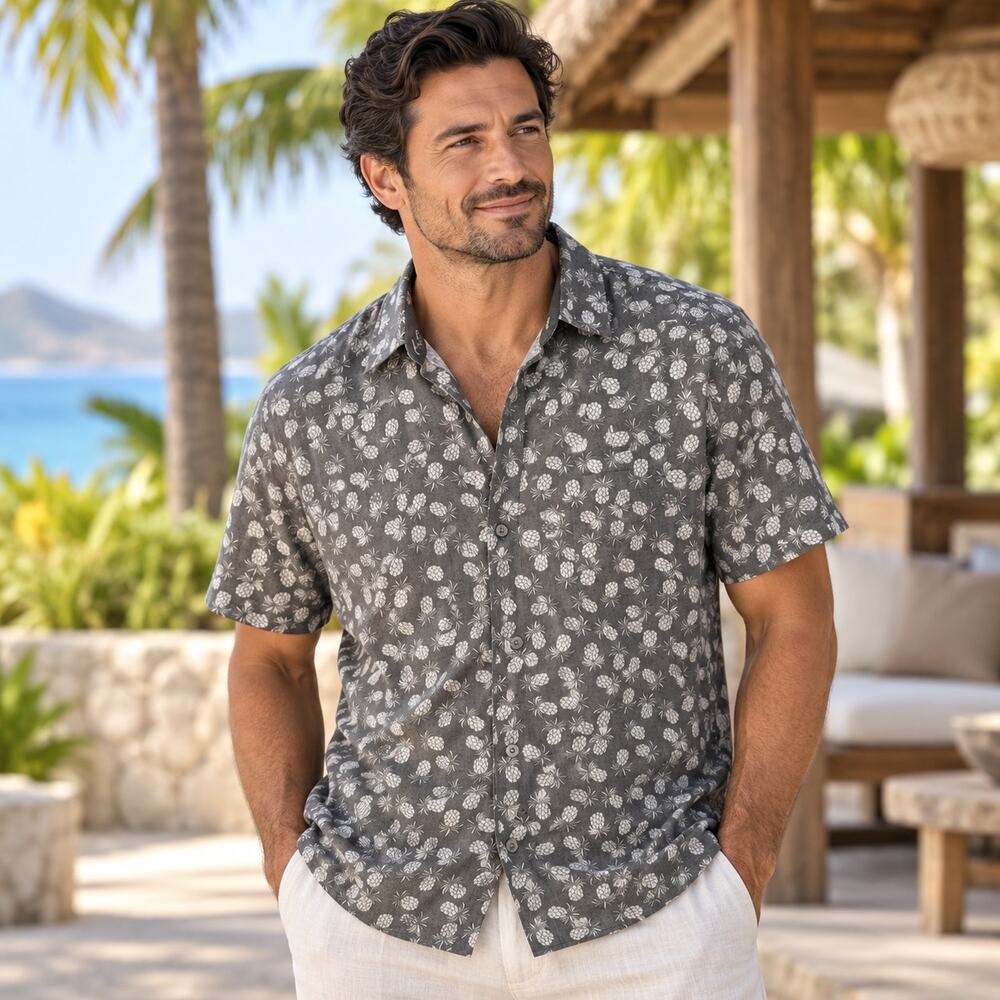 Tommy Bahama Positano Pineapple Camp Shirt Womens Large Graphite Gray Cotton